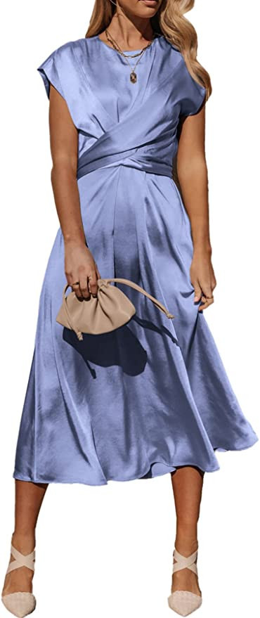 PRETTYGARDEN Women's 2023 Summer Satin Midi Dress Cap Sleeve Tie Waist Elegant A-Line Flowy Dress... | Amazon (US)