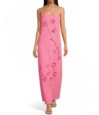 Square Neck Sleeveless 3D Floral Trim Long Dress | Dillard's