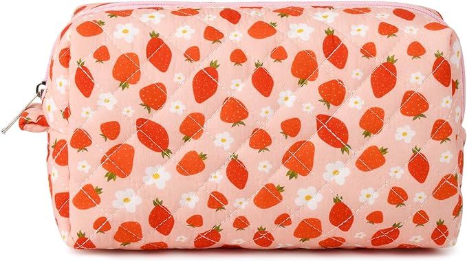 Pink Makeup Bag Quilted Cosmetic Bag Puffy Coquette Makeup pouch Aesthetic Strawberry Cute Travel... | Amazon (US)