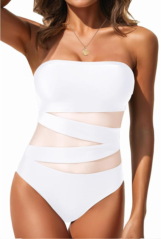 Holipick Women Strapless Bandeau One Piece Swimsuits Sexy Mesh Cutout Bathing Suits Tummy Control... | Amazon (US)