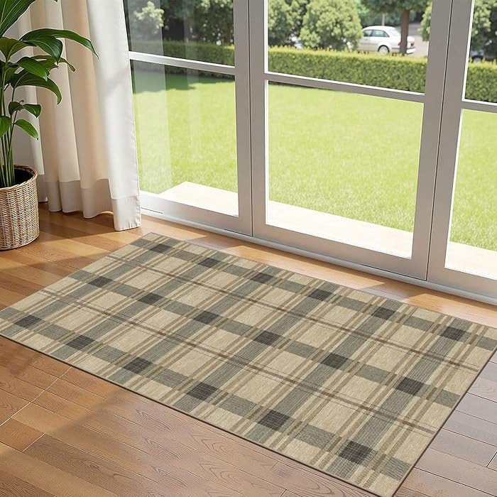 Front Door Mat Indoor Entrance - 2x4.3 Taupe Beige Tartan Plaid Rug | Amazon (US)