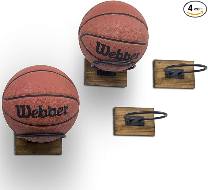 MyGift Black Metal Sports Ball Holder Wall Mount Burnt Wood Backing, Garage Wall Display Rack for... | Amazon (US)