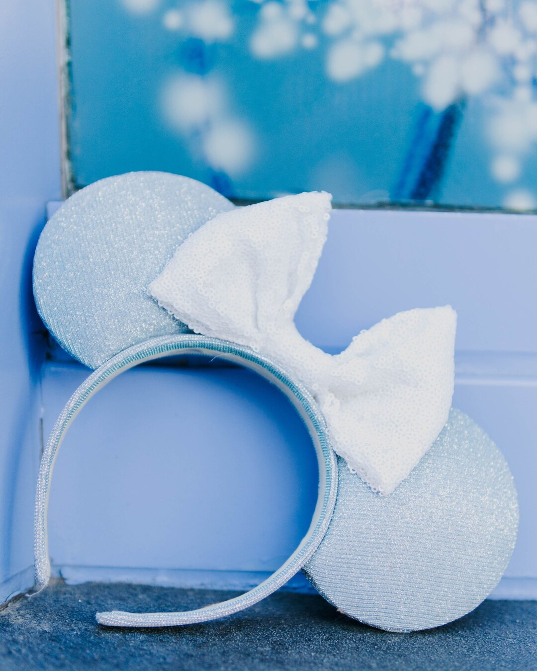 Cindy Princess Blue Sparkle Shimmer White Sequin Bow Mouse Ears Headband - Etsy | Etsy (US)