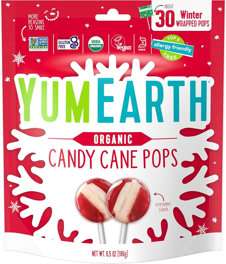 YumEarth Organic Candy Cane Lollipops - Individually Wrapped Peppermint Pops - Dye Free, Allergy ... | Amazon (US)