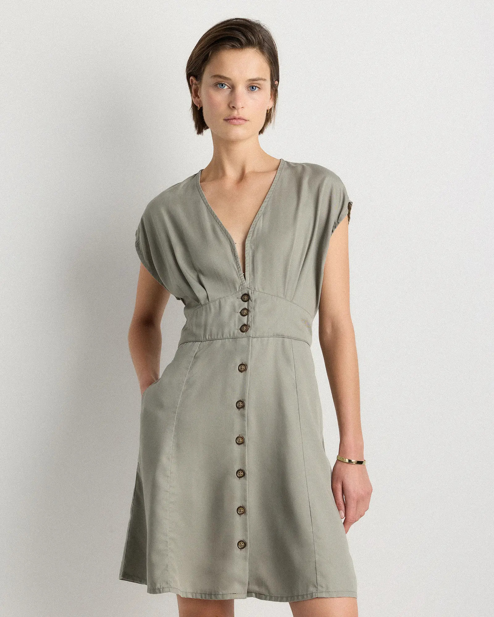 Vintage Wash Tencel Button Front Dress  in Olive | Quince