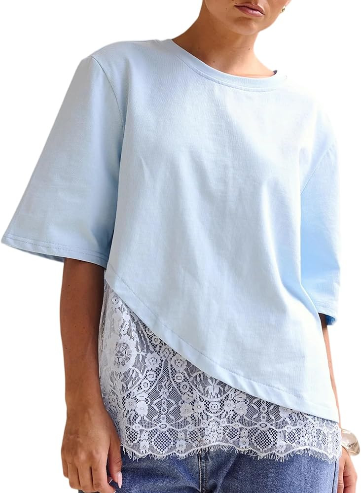 Asymmetrical Lace Tops for Women Oversized Half Wide Sleeve Crewneck Shirts Chic Hem Tees Elegant... | Amazon (US)