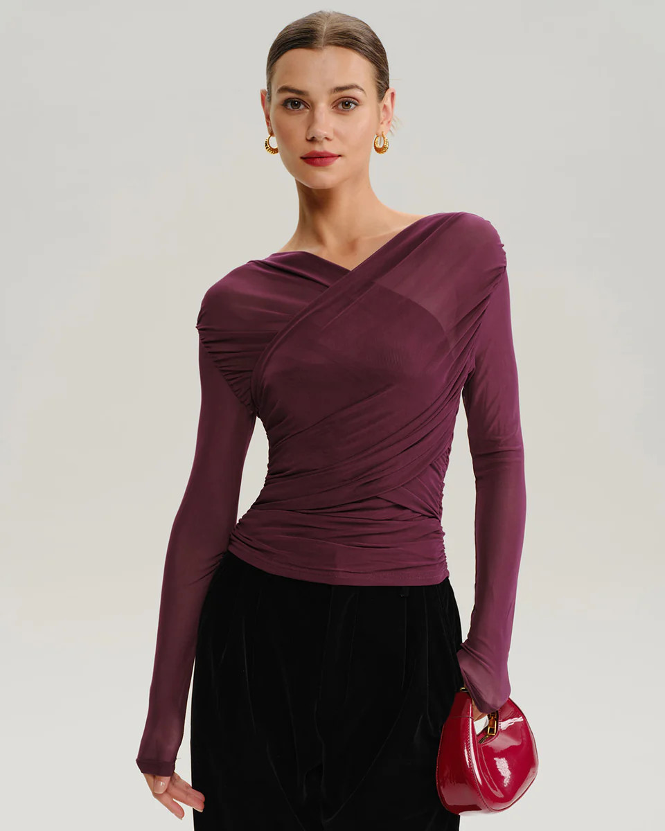 Wine Red V Neck Slim Mesh Tee | rihoas.com
