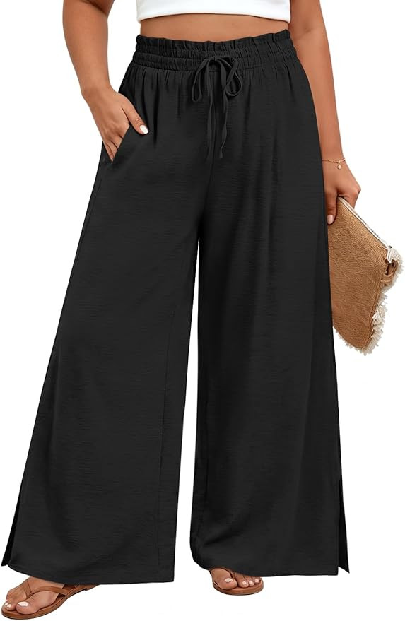 Womens Plus Size Wide Leg Pants Casual Adjustable Palazzo High Waisted Trousers with Pockets | Amazon (US)