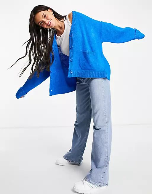 ASOS DESIGN oversized cardigan with turnback cuff and pocket in blue | ASOS | ASOS (Global)
