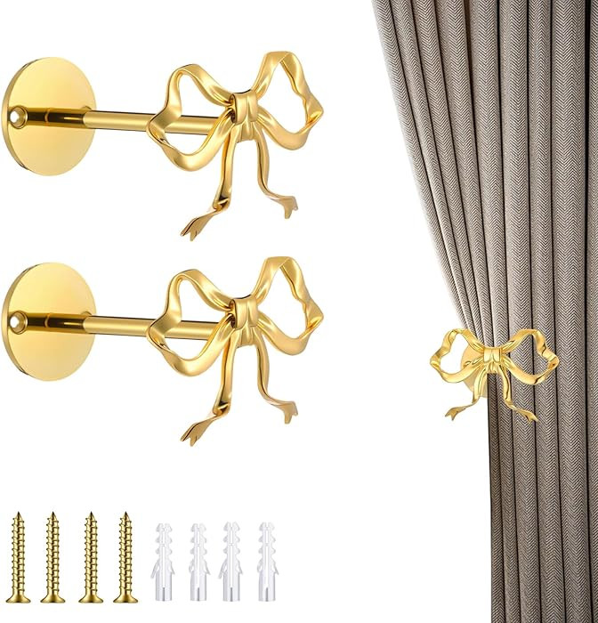 2 PCS Bow Curtain Tiebacks Metal Curtain Holdbacks Wall Mounted Modern Gold Bow Curtain Holders f... | Amazon (US)