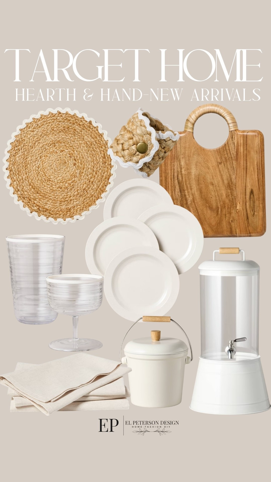 Target
Hearth and Hands new arrivals 
Placemats 
Dishes
Water dispenser
Shopping board
Glasses
Napkin rings
Napkins 


#LTKHome