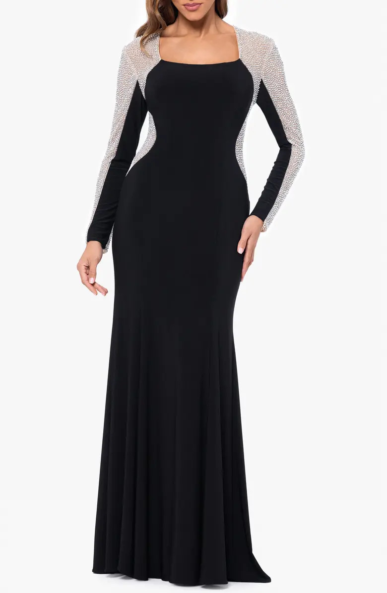 Xscape Evenings Rhinestone Detail Long Sleeve Gown | Nordstrom | Nordstrom