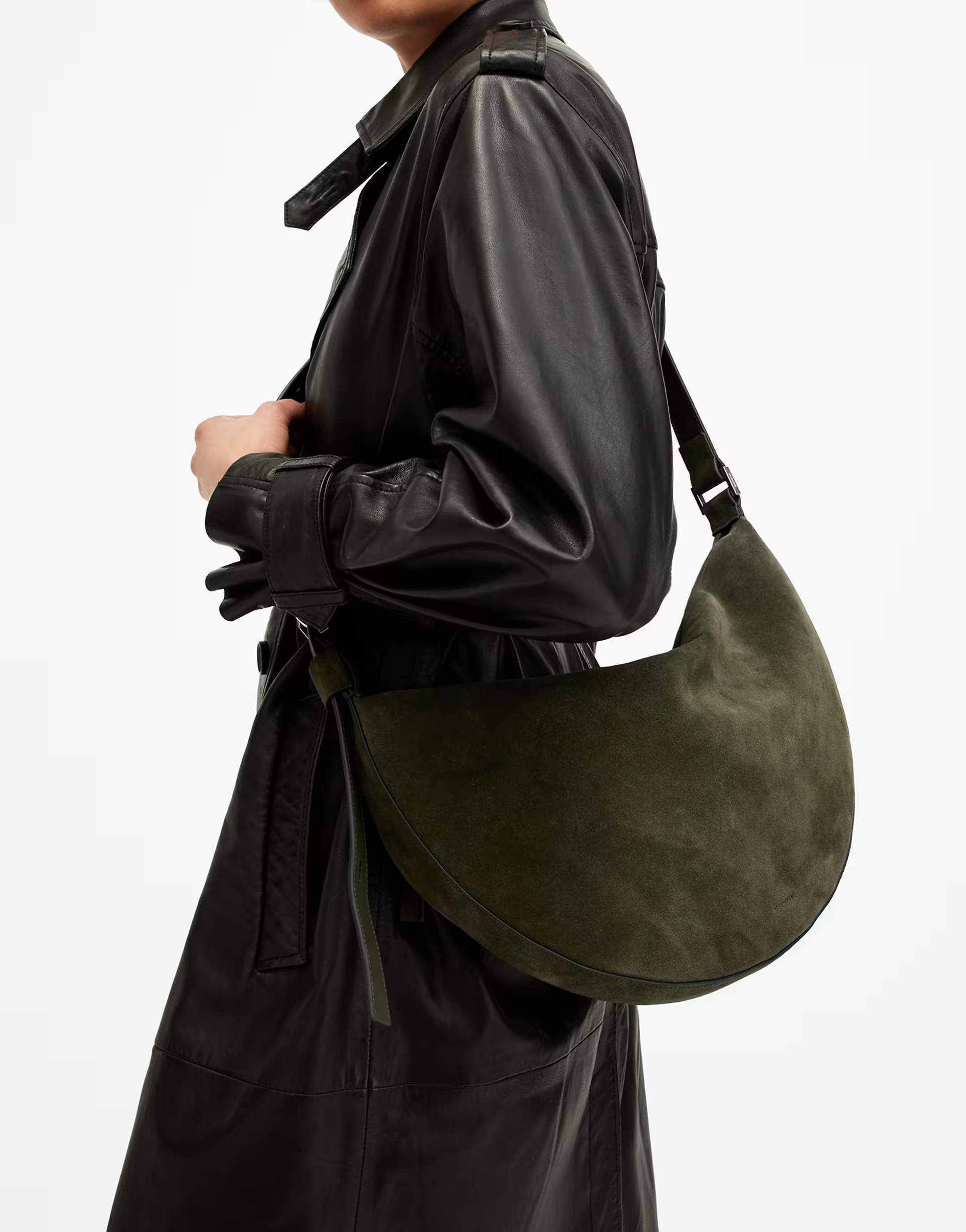 AllSaints Half Moon suede large crossbody bag in khaki | ASOS | ASOS (Global)
