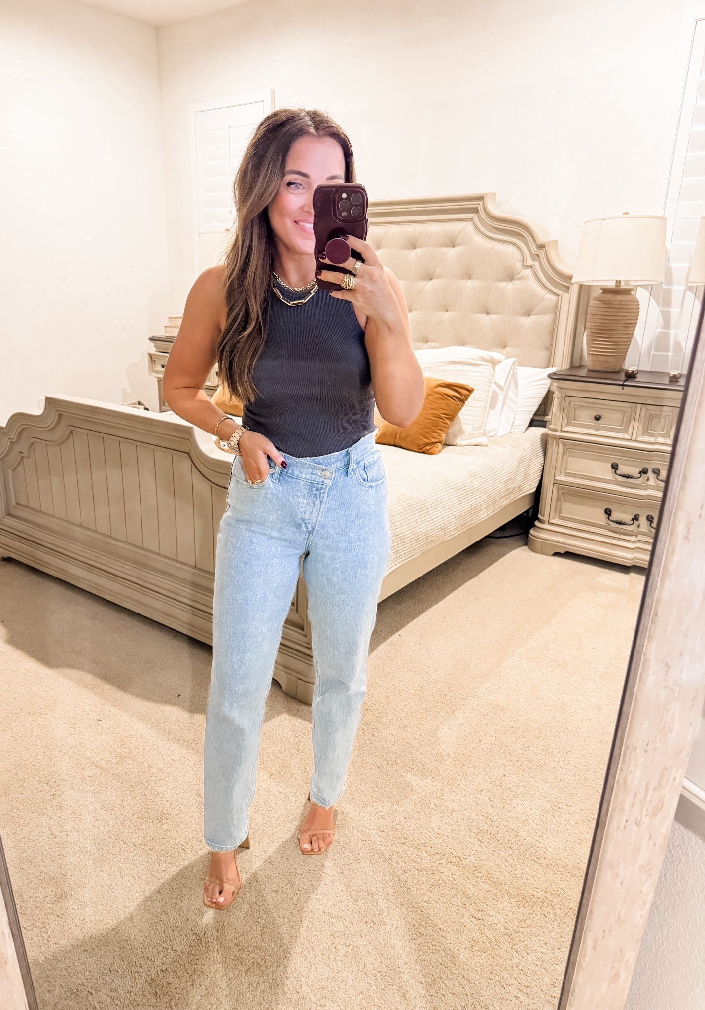 Tank - M, denim - 28 (tts)
5’2” 145 lbs 
—
Amazon tank top | Ribbed tank | High neck tank | Abercrombie denim | Crossover waist denim | Light wash denim | Straight leg denim 