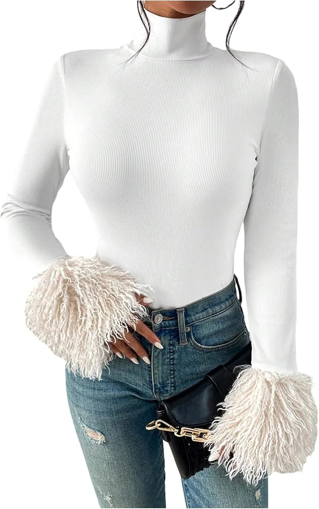 WDIRARA Women's Turtleneck Long Sleeve Bodysuit Tops Fuzzy Ribbed Knit Dressy Jumpsuits | Amazon (US)