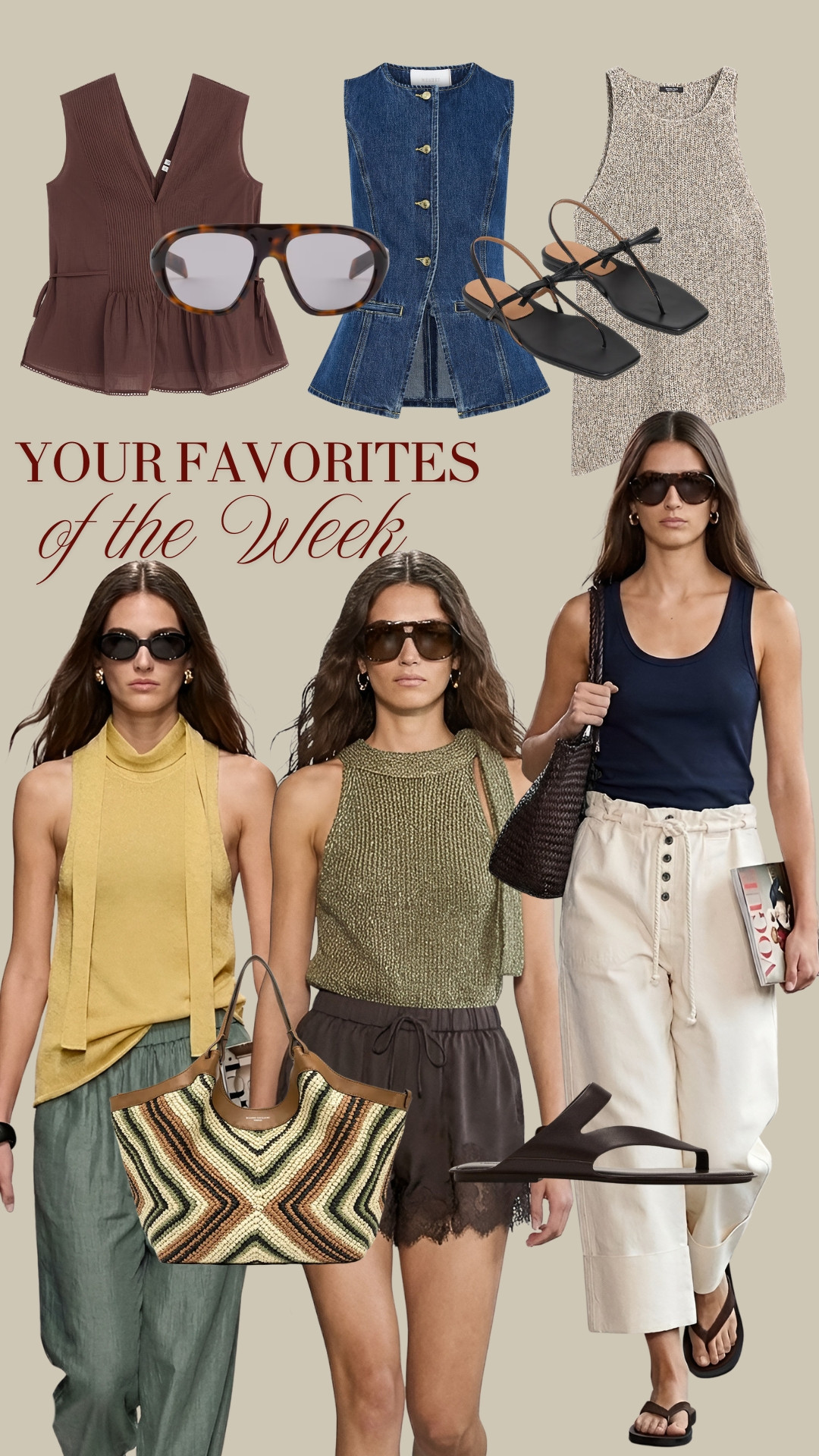 BESTSELLERS OF THE WEEK ✨ Your most loved spring and summer pieces of the week ✨ TAGS: brown peplum top, denim vest, paperbag cream trousers, brown aviator sunglasses Prada, brown sandals Massimo Dutti, brown shorts, lace and satin shorts, yellow halter top, sage linen trousers Massimo Dutti, neutral knit top, khaki knit top halter neck, navy silk tank top, GIANNI CHIARINI Dua Woven Shoulder Bag 

 #LTKsummer #LTKshoes #LTKbag