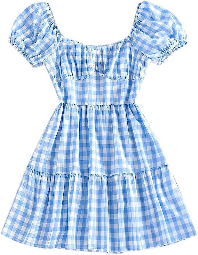 ZAFUL Woman Gingham Mini Dress Puff Sleeve Ruched Plaid Dress Tiered A Line Milkmaid Short Dress | Amazon (US)
