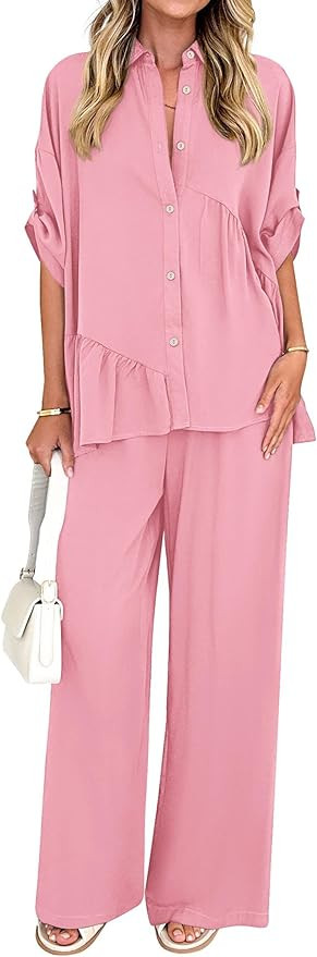 KIRUNDO Two Piece Sets for Women Summer Outfits 2025 Dressy Casual Half Sleeve Button Down Shirt ... | Amazon (US)