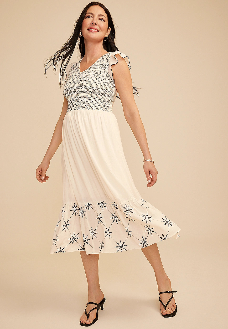 Embroidered Smocked Micro Flutter Sleeve Midi Dress | Maurices