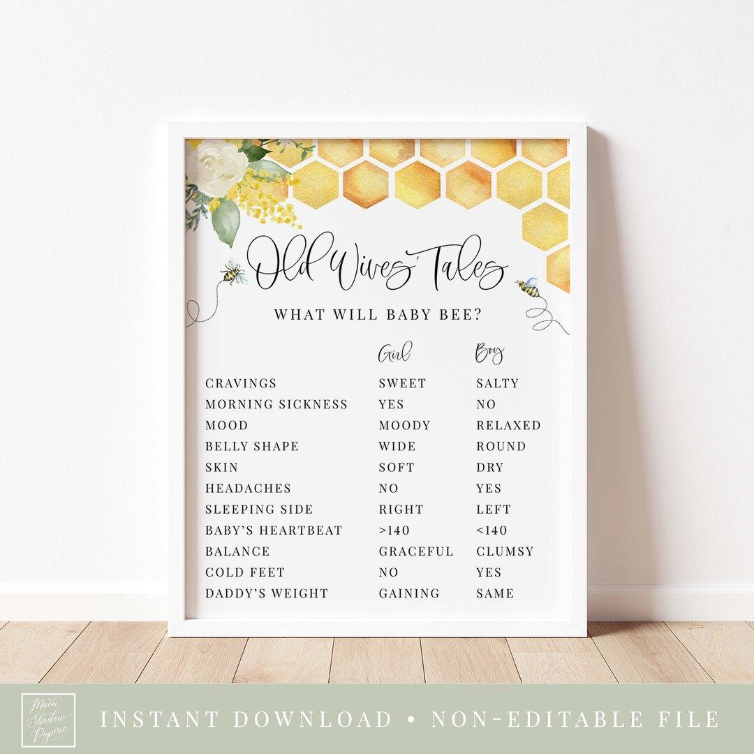 old wives tales game sign // bee gender reveal, bee theme, baby bee, gender neutral, yellow flora... | Etsy (US)