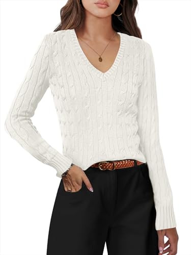 ANRABESS Women's Long Sleeve V Neck Cable Knit Sweater Jumper 2024 Fall Pullover Top Cute Soft Ladies Dressy Casual Outfits Cream White Large | Amazon (US)