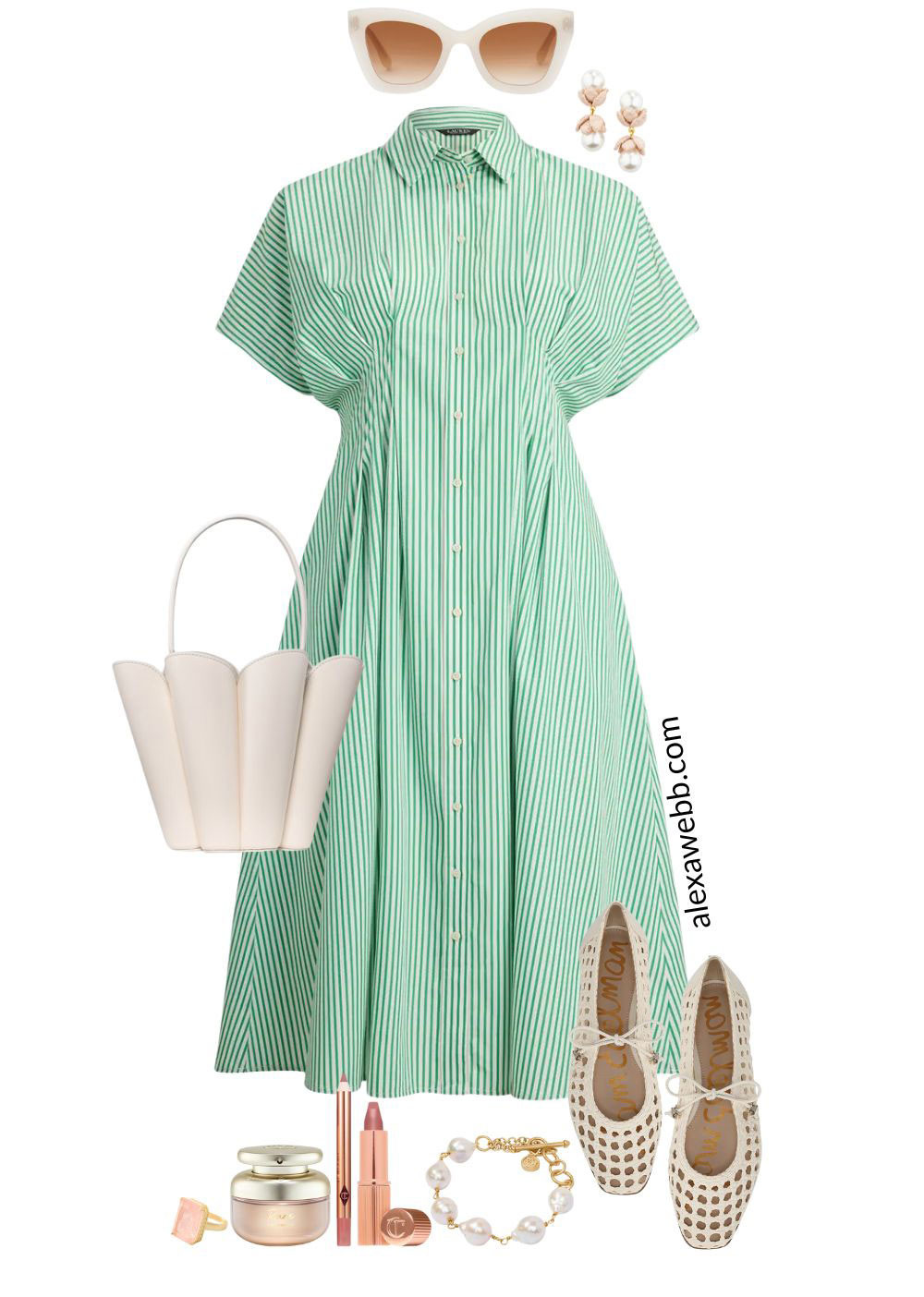 Plus Size Green Stripe Dress Outfits - A plus size green striped dress for spring styled 5 ways! A plus size green and white short-sleeved striped shirt dress for work. Add Mary Jane tie flats and pearl jewelry. Alexa Webb #plussize 

 #LTKSeasonal #LTKPlusSize #LTKWorkwear