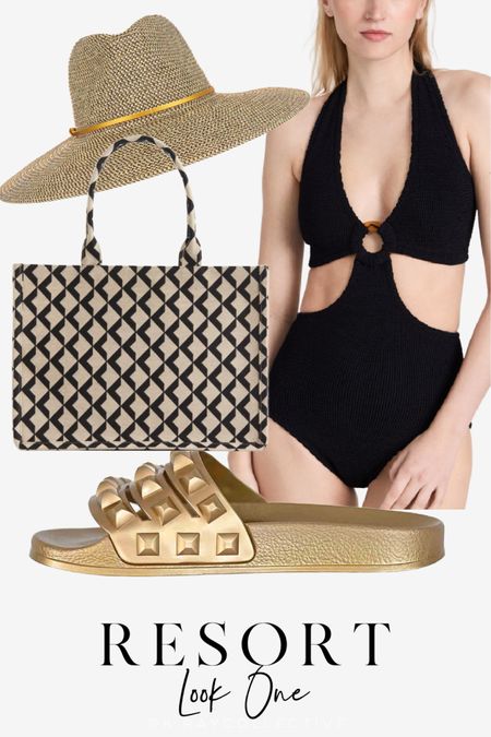 A few of my favorite resortwear looks. I’m totally in love with these metallic gold studded slides, a chic tote for under $35, a classic black one piece swimsuit, and the perfect sun hat.

#Resort #VacationOutfit #BeachOutfit #PoolOutfit #SpringBreak 

#LTKover40 #LTKswim #LTKtravel