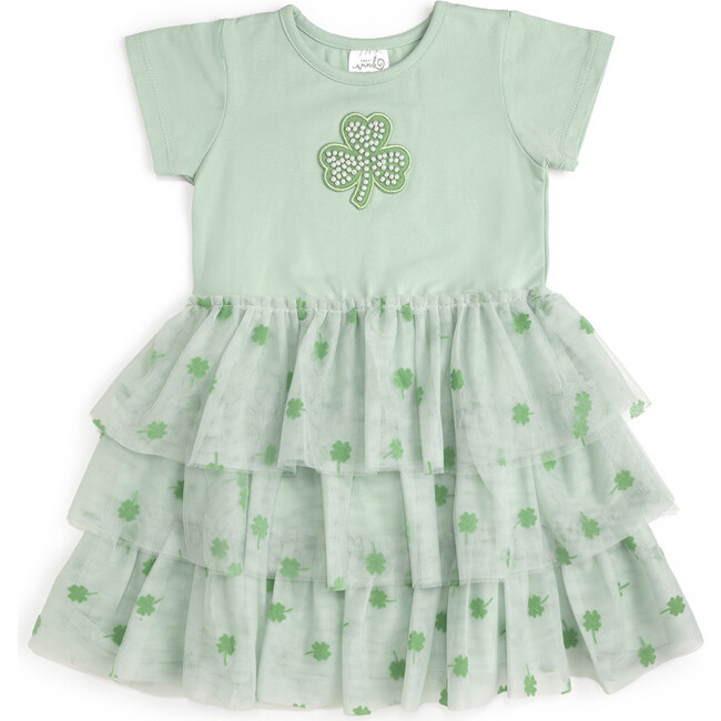 Sweet Wink | Flocked Shamrock St. Patrick's Day Tiered Short Sleeve Tutu Dress, Mint (Green, Size 5Y) | Maisonette | Maisonette