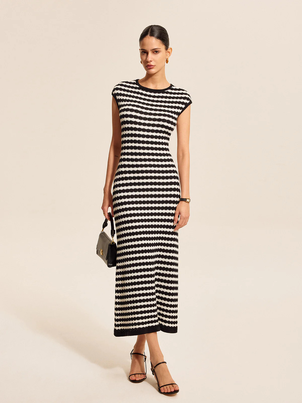 Striped Cap Sleeves Knit Dress | Commense