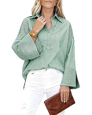 Watashi Women Button Down Shirt Casual Striped Print Dress Shirts Loose Long Sleeve Collared Offi... | Amazon (US)