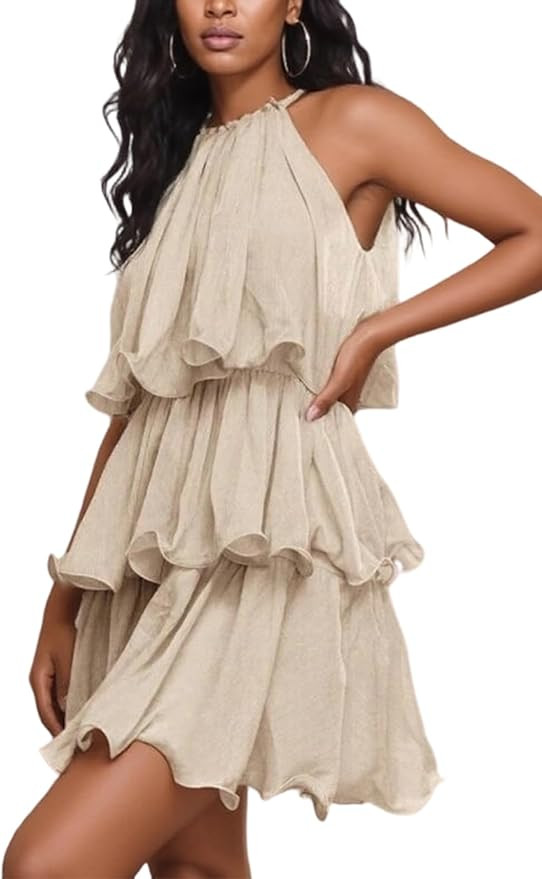 LETSVDO Women's Halter Sleeveless Mini Dress Ruffle Tiered Layered Chiffon A Line Flowy Swing Bea... | Amazon (US)
