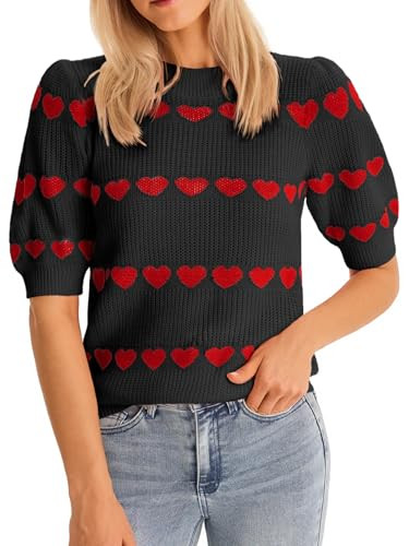 Saodimallsu Womens Heart Striped Sweaters Valentines Puff Short Sleeve Sweaters Cute Lightweight ... | Amazon (US)