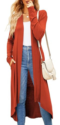 Newchoice Halloween Orange Long Cardigan for Women Fall Outfit Trendy Open Front Long Sleeve Cardigan Sweater with Pockets (Burnt Orange,L) | Amazon (US)