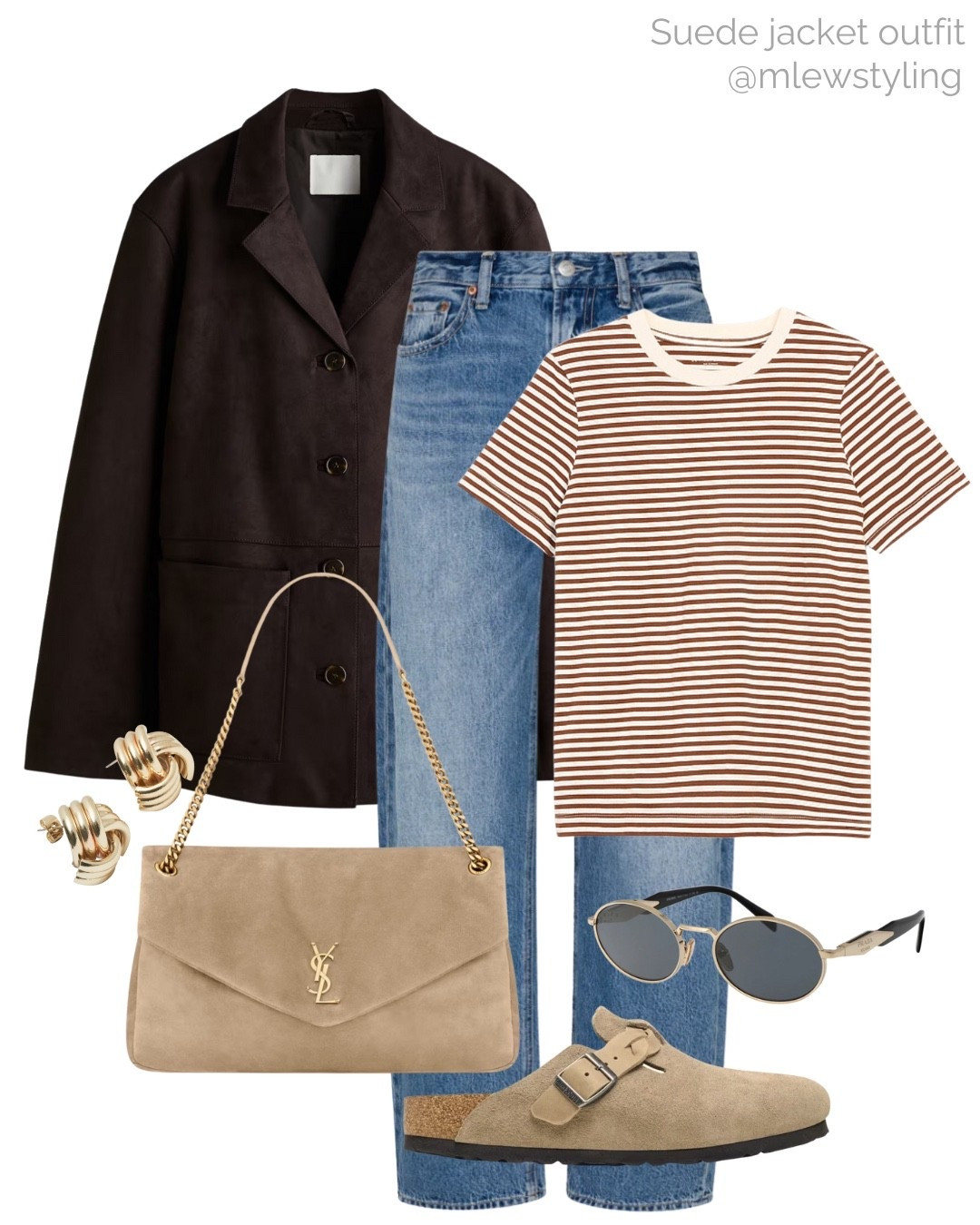 An outfit for early fall with a chocolate brown suede blazer 🤎🐻

Tags: pistola denim, barrel leg jeans, suede ysl bag, brown striped t-shirt, new-in H&M, Birkenstock Boston clogs, meshki knot earrings, autumn outfit, weekend look

#LTKItBag #LTKStyleTip #LTKShoeCrush