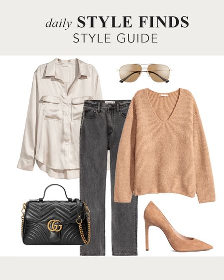 Fall outfit guide: How to style black jeans with tan suede heels, satin pocket front button up shirt layered with a classic camel v-neck sweater and quilted bag.  #fallstyle #falloutfit #outfitguide #fallstyleinspiration #blackjeans #abercrombie #abercrombiejeans #denimtrends #over40style #dailyfinds #dailystylefinds

#LTKworkwear #LTKstyletip #LTKover40