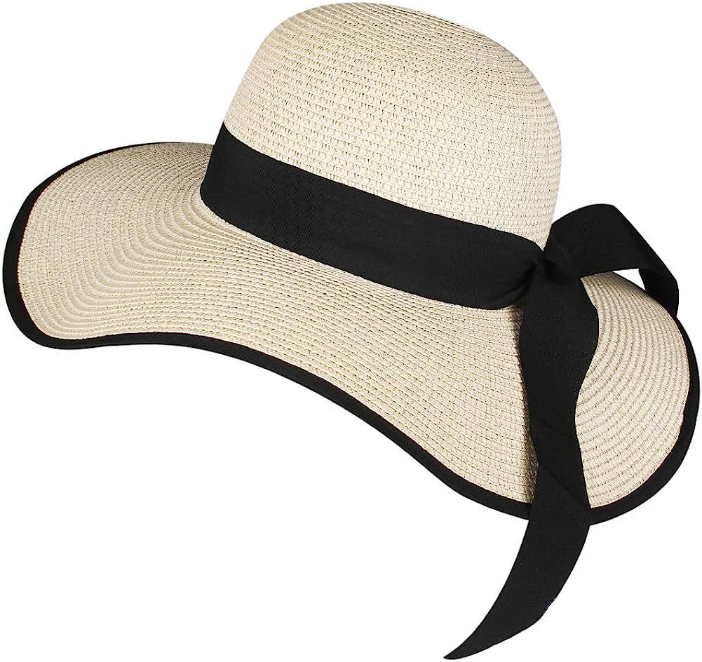 Womens Sun Straw Hat Wide Brim UPF 50 Summer Hat Foldable Roll up Floppy Beach Hats for Women | Amazon (US)