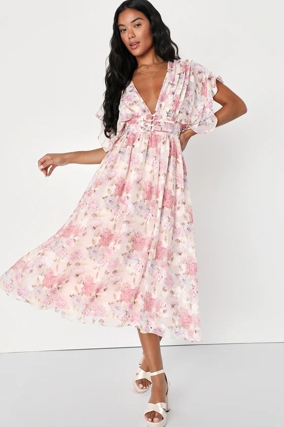 Eclectic Elegance Blush Floral Jacquard Lace-Up Midi Dress | Lulus (US)