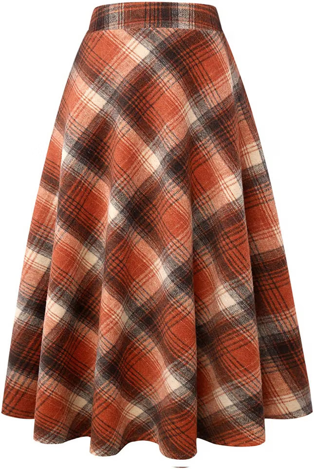 Womens Plaid Wool Skirts Elastic Waist A-Line Pleated Tartan Long Skirts | Amazon (US)