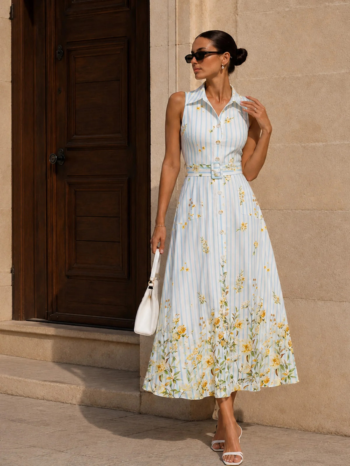 Floral Striped Sleeveless Belted Midi Dress | Commense