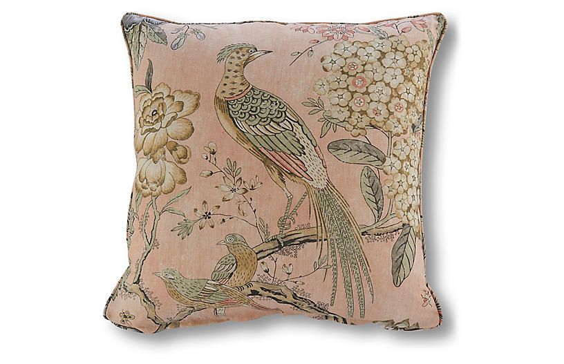 Floral Pheasant 20x20 Pillow, Blush Linen | One Kings Lane