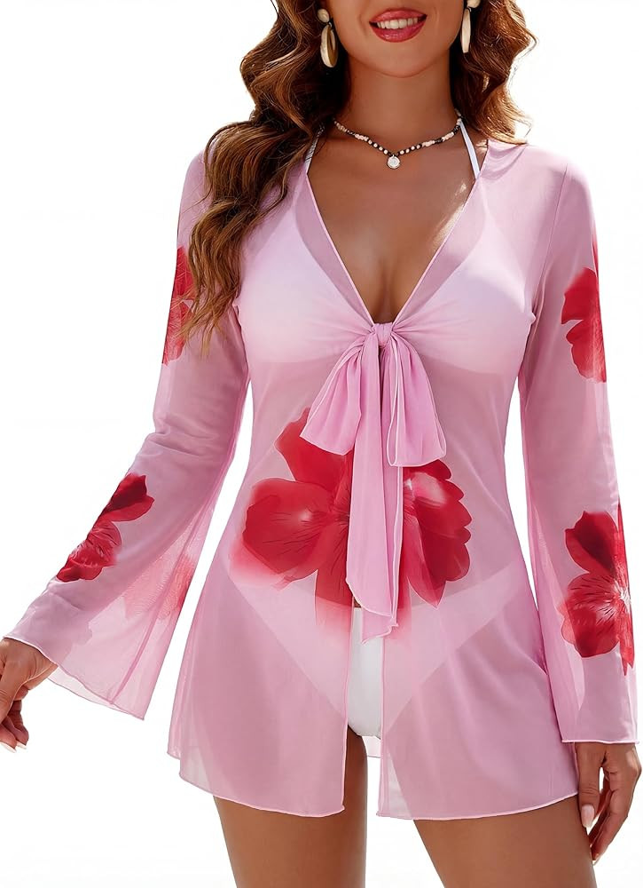 Blooming Jelly Womens Swimsuit Coverup Mesh Bathing Suit Cover Ups Swimwear Floral Long Sleeve Ti... | Amazon (US)