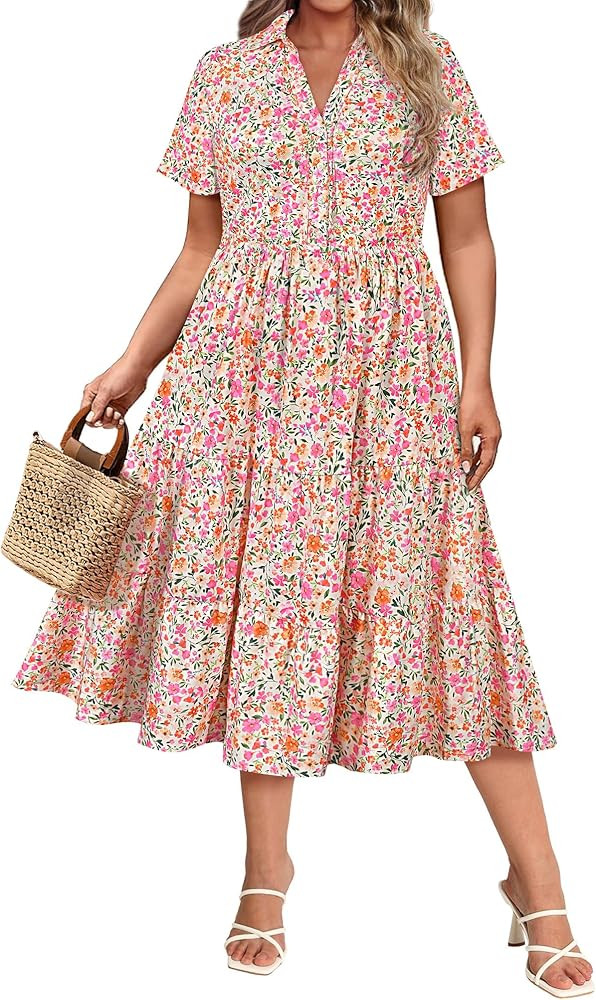 CARCOS Plus Size Dresses for Curvy Women Collared Vneck Short Sleeve Dresses Midi Summer Ruffle D... | Amazon (US)