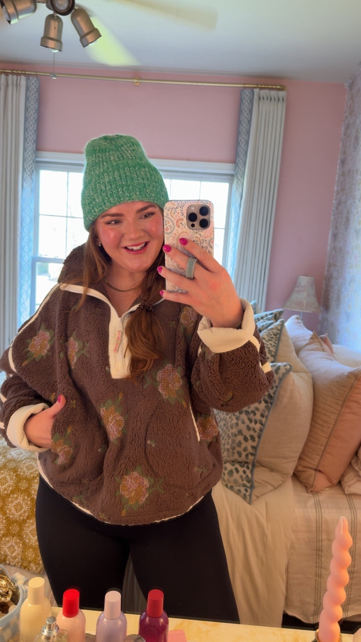 Floral embroidered Sherpa 
Free people Sherpa 
Fleece 
Green beanie 
Winter clothes 
Winter accessories 

#LTKSeasonal #LTKActive #LTKMidsize