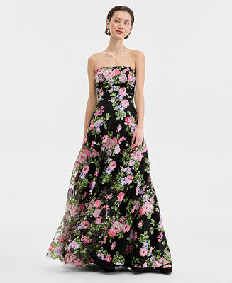 Juniors' Floral-Sequinned Strapless Gown | Macy's