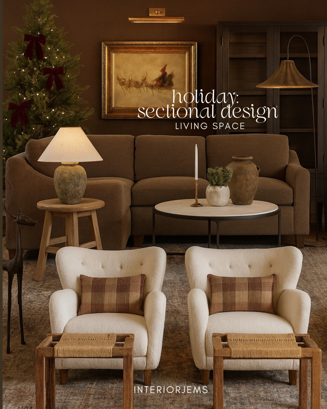 Love this holiday living room with sectional design by the smoothie brown sofa is so pretty the most realistic Christmas tree from Mickey and Co. I have this and absolutely love it. It’s so realistic these accent chairs are only looking for less love this moody lamb and this father Christmas art is super pretty marble tap coffee table, Moody Holiday, living room, Wayfair.

#LTKHoliday #LTKHome #LTKSaleAlert