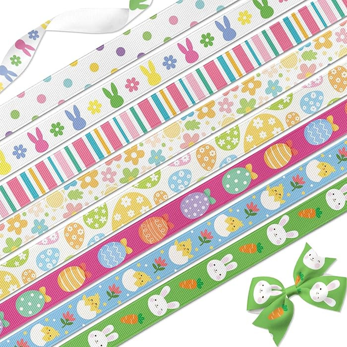 Easter Spring Grosgrain Ribbons, 8 Rolls 24 Yards 3/8" Ribbon Set with Bunnies Flowers Eggs Patte... | Amazon (US)