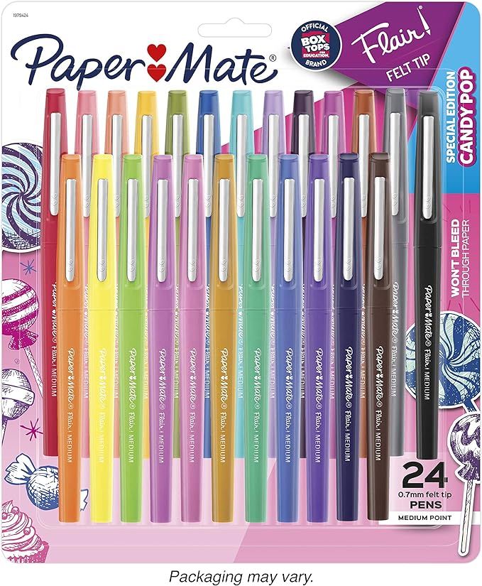 Paper Mate Flair Felt Tip Pens, Medium Point (0.7mm), Limited Edition Candy Pop Pack, 24 Count | Amazon (US)