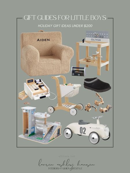 A splurge worthy holiday gift guide for the little boys! All of these gifts are under $200, and perfect for little boys. Personalized chair, car garage, cash register and grocery cart, slippers, work bench, car, and more! 

#LTKHoliday #LTKGiftGuide #LTKkids