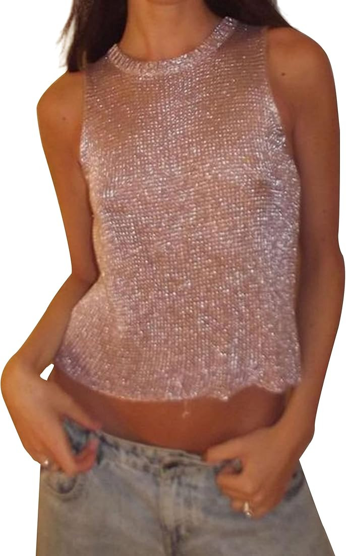 Amazon.com: PICPUNMAK Women Sexy Fishnet Knit Glittering Crop Tank Sheer Mesh Crew Neck Sleeveles... | Amazon (US)