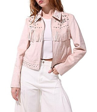 Azalea Wang Finlee Soft Blush Fringe Studded Trim Zip Front Jacket - L | Dillard's
